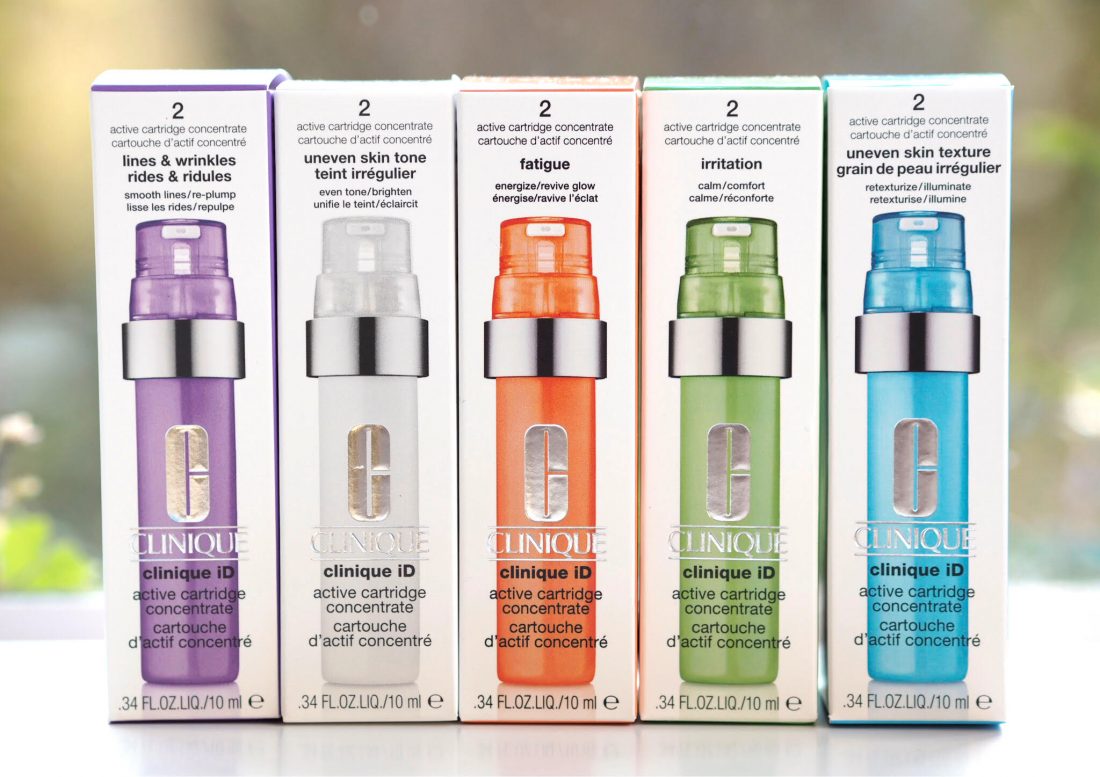 Clinique ID Active Cartridge Concentrate  มาให้เลือกถึง 5 สูตร  - Fatigue : ความล้า (สีส้ม) ส่วนผสมเข้มข้นจากทอรีนและคาเฟอีน ช่วยเติมพลังให้ผิว กระตุ้นผิวที่เหนื่อยล้าให้เปล่งประกาย    - Lines & Wrinkles : ริ้วรอย และรอยย่น (สีม่วง) ส่วนผสมจากเวย์โปรตีน ช่วยเติมเต็มริ้วรอยให้เรียบเนียน ดูอ่อนเยาว์อีกครั้ง  - Uneven Skin Tone : สีผิวไม่สม่ำเสมอ (สีขาว) ส่วนผสมจากโสมตังกุยญี่ปุ่น ช่วยให้สีผิวสม่ำเสมอ สว่าง กระจ่างใส ลดเลือนจุดด่างดำ    - Pores & Uneven Texture : รูขุมขน และ ผิวที่ไม่เรียบ (สีฟ้า) ส่วนผสมจากกรด AHAs ช่วยผลัดเซลล์ผิว ให้รูขุมขนตื้นขึ้น ปรับผิวให้เรียบเนียน     - Irritation : ระคายเคือง (สีเขียว)  ส่วนผสมจากแลคโตบาซิลลัส โปรไบโอติก จากการบ่ม ให้ความสบาย ปลอบประโลมผิว ลดอาการระคายเคืองสำหรับผิวที่แพ้ง่าย